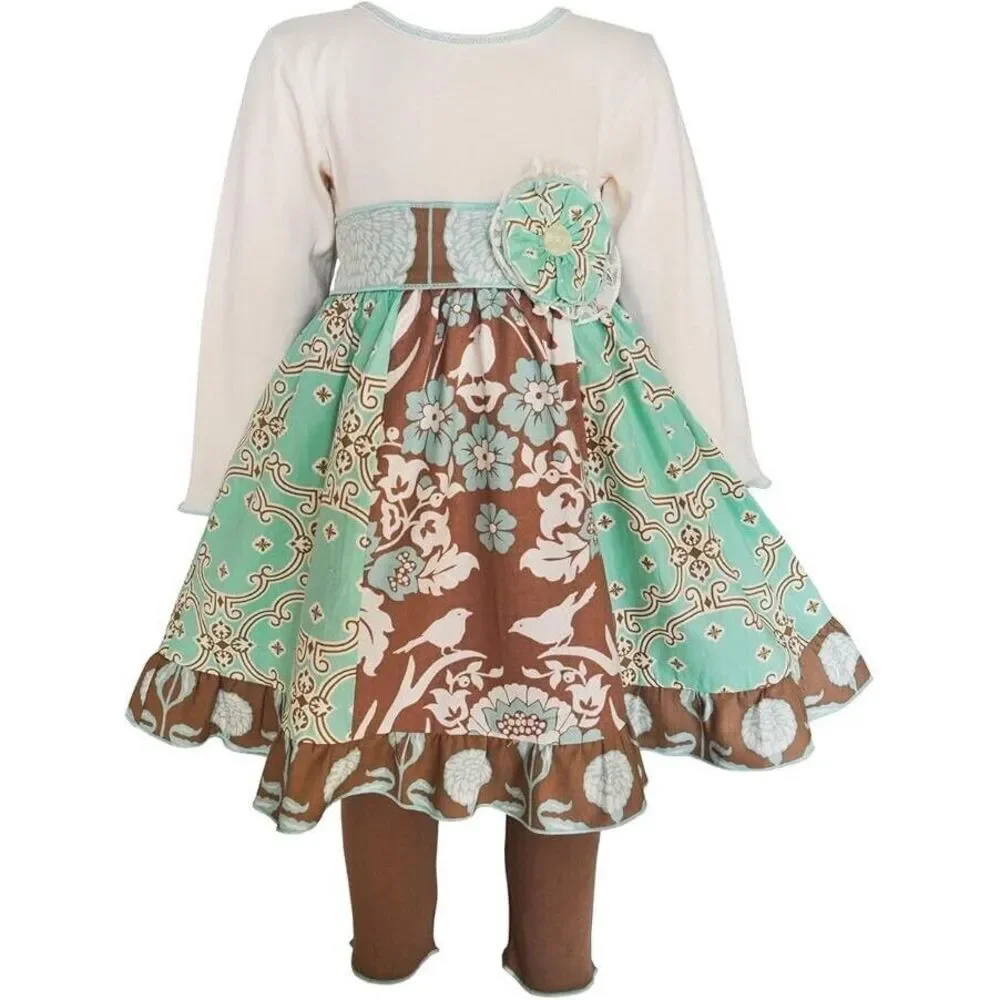 Ann Loren BNWT Girl's Autumn Outfit Mint Green‎ Floral & Birds Dress Size 6